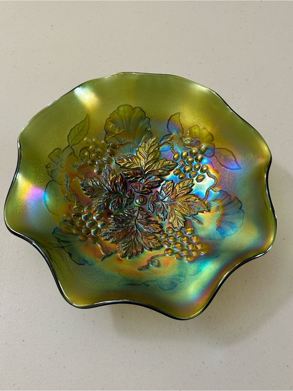Antique Northwood Green Carnival Glass Bowl, Grape Leaves Pattern, Iridescent